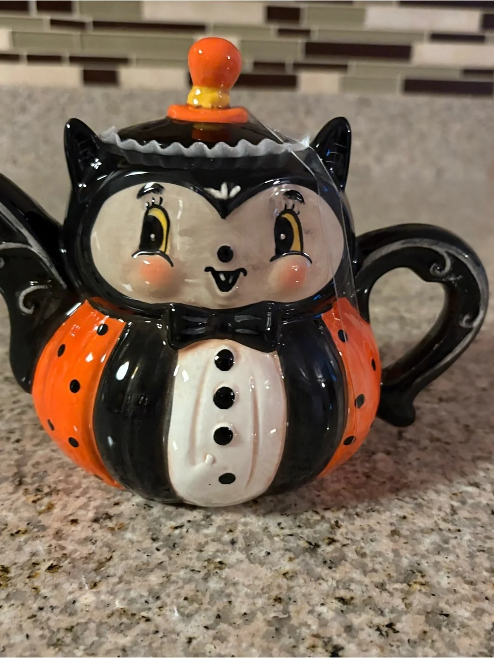 Festive Halloween Cat Ceramic Teapot - Black & Orange